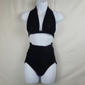 Vintage 80's Petticord Womens Black High Waisted Velour 2 Piece Bikini Size 12